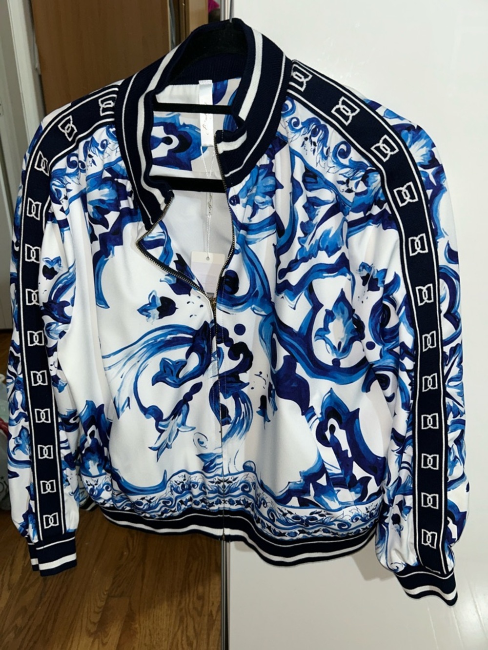 Blue & White Baroque Print Track Jacket
